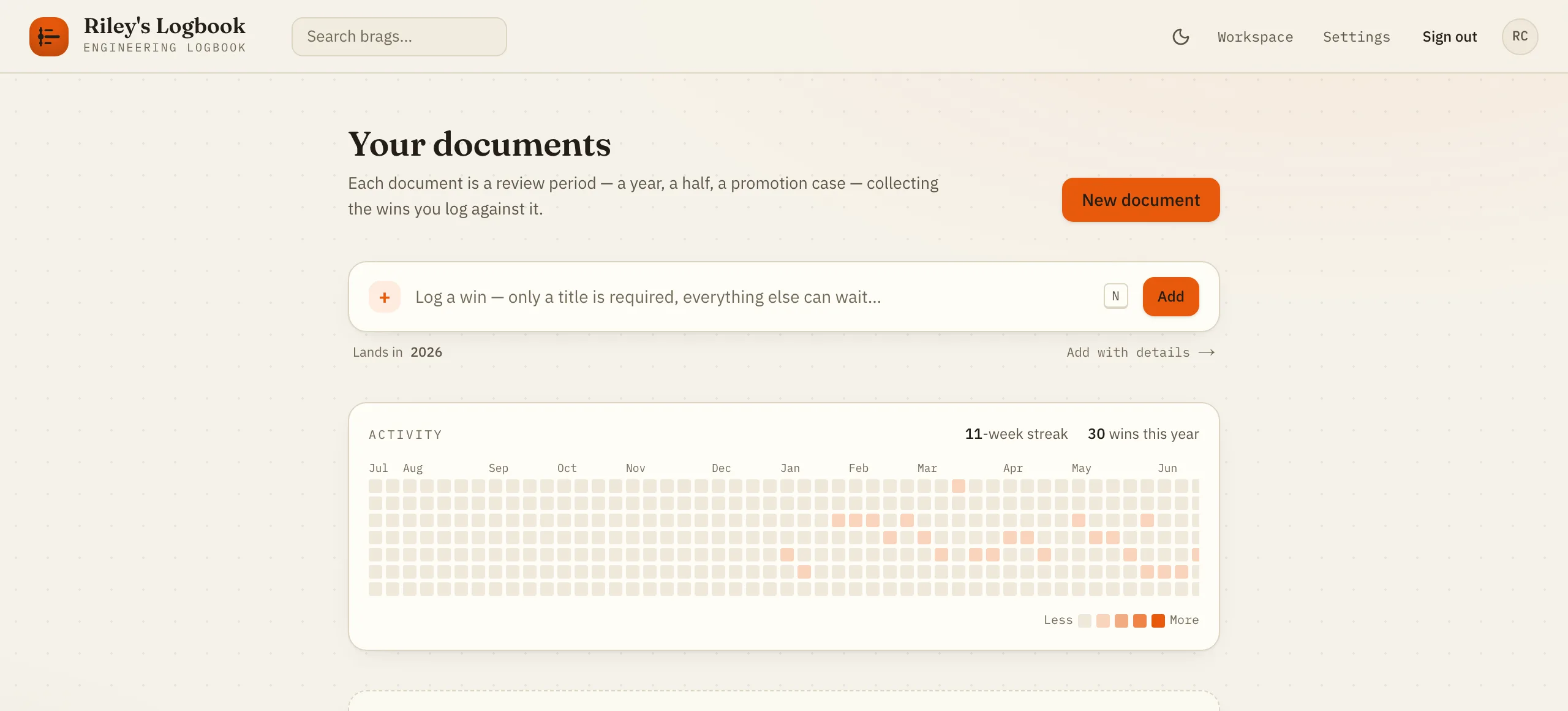 The BragBit dashboard showing an activity heatmap across twelve months, a 9-week streak, 30 wins this year, and a 2026 document card for the review period January 1 to December 31.